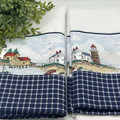 Набор занавесок для прибрежного маяка кафе 2 морские приморские синие клетчатые океанские коттеджи - Изображение 1 из 4