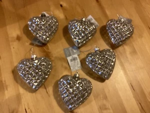 BN New 6 x Glass Baubles - Silver Glitter Rustic Heart - 10cm - Christmas - Picture 1 of 4