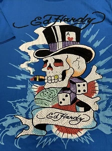 Ed Hardy Mens SZ L Short Sleeve Shirt Capri Blue Skull Dice Rhinestone 2 Sided - Picture 1 of 9