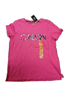 NWT Calvin Klein Women's Soft Crew Neck Rolled Sleeve Graphic Tee Pink Medium