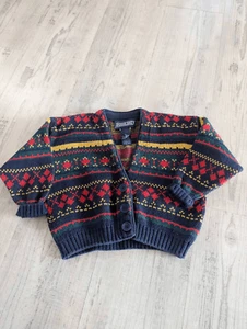 Lands' End Vintage Cardigan Sweater Kid's navy red 100% cotton Made in USA - Picture 1 of 5