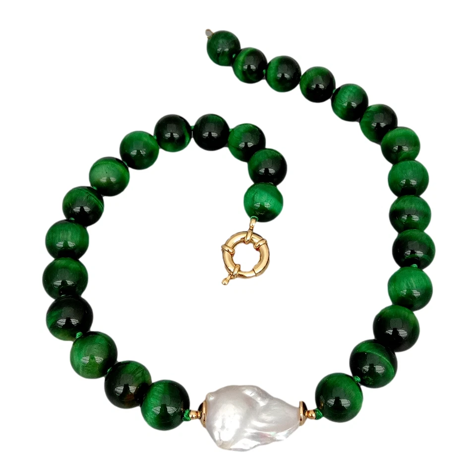Colar de pérolas Keshi brancas cultivadas olho de tigre verde redondo 18,5 pol. 14 mm - Imagem 1 de 4