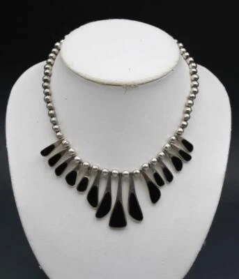 Vintage Mexican Taxco Sterling Silver Ball & Black Onyx Choker Necklace - Image 1 of 4
