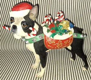 NIB VTG DANBURY MINT LARGE CHRISTMAS Boston Terrier DOG SANTA HAT CANDY FIGURE - Picture 1 of 12
