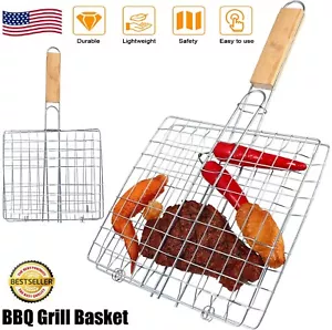 Stainless Steel Grill Basket Lockable Non Stick Folding Meat BBQ Fish Grilling - Picture 1 of 13
