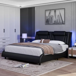King Size LED Bed Frame PU Leather Curved Platform Bed with Adjustable Headboard - Picture 1 of 14