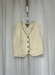 Tahari Linen Cream Beige Vest Academia Minimalist Button Front Size Med Womens - Picture 1 of 7