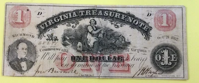 1862, 1$ Civil War Era, Virginia Treasury Note, Richmond VA - Image 1 of 4