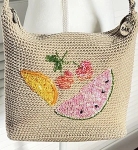 The Sak Women's Medium Shoulder Bag Knitted Natural Beaded Fruit Design 11x9” - Picture 1 of 11