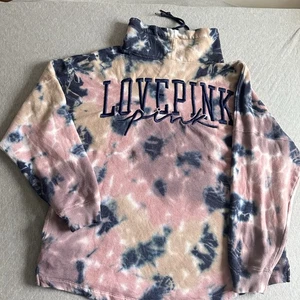 Victorias Secret Pink Varsity Cowl Sweater Large Ensign Blue Pink Beige Tie Dye - Picture 1 of 8