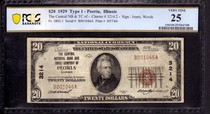 1929 $20 CENTRAL NATIONAL BANK NOTE CURRENCY PEORIA ILLINOIS PCGS B VF 25 - Picture 1 of 2