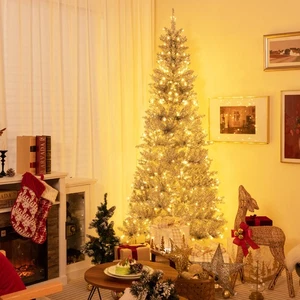7 FT Pre-lit Artificial Silver Tinsel Christmas Tree Slim Pencil Xmas Tree - Picture 1 of 10