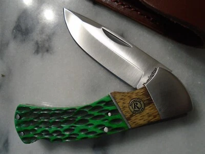 Remington Mountain Elk Lockback Pocket Knife Bone Zebra Wood Leather Sheath New