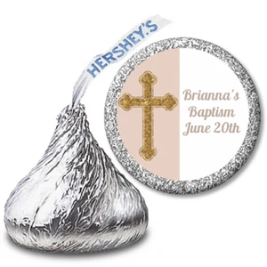 Gold Glitter Cross Biege - Personalized Hershey Kiss Baptism Sticker Label - Picture 1 of 9