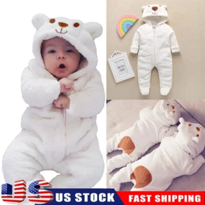 Infant Newborn Baby Girl Boy Warm Cute Bodysuit Hooded Romper Jumpsuit Clothes - Picture 1 of 13