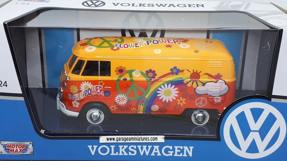 VAN TYPE 2 T1 FLOWER POWER VOLKSWAGEN ORANGE MOTORMAX 79563 ECHELLE AU 1/24 EME - Photo 1/4