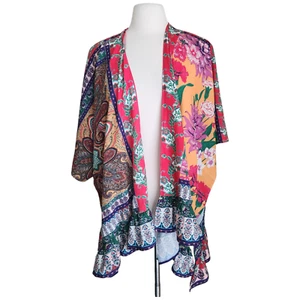 UMGEE Kimono Floral Tropical Cardigan Flowy M/L Open Front Ruffle Patchwork - Picture 1 of 8