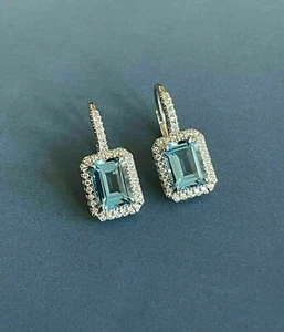 3Ct Emerald Cut Simulated Blue Topaz Drop/Dangle Earrings 14K White Gold Plated - Picture 1 of 6