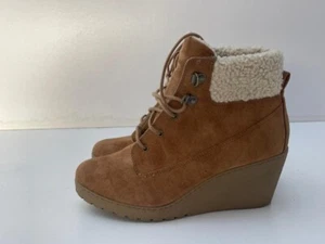 New Look Ladies Tan Suede Lace Up Fur Lined Wedge Ankle Boots UK 4 EUR 37 B109 - Picture 1 of 6