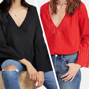 NWT Free People Cotton blend Black/Red Bell Sleeve Top Size XS, S - Picture 1 of 10