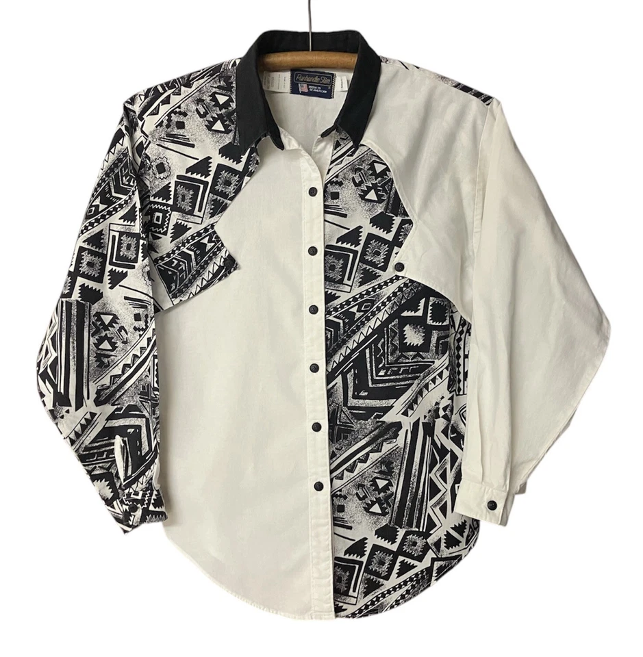 Vintage USA Panhandle Slim White Black Aztec Shirt Womens Size S Western Cowgirl - Image 1 of 4