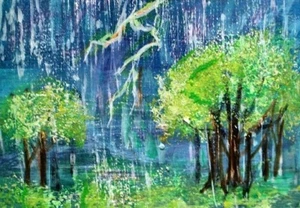 ACEO Original Painting Summer TREES Landscape RAINSTORM Lightning Rain ATC ART - Picture 1 of 1