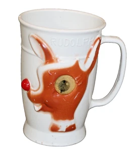 Vintage RLM Rudolph das Rentier mit der roten Nase weiß Plastikbecher bewegliches Auge 50er Urlaub - Bild 1 von 12