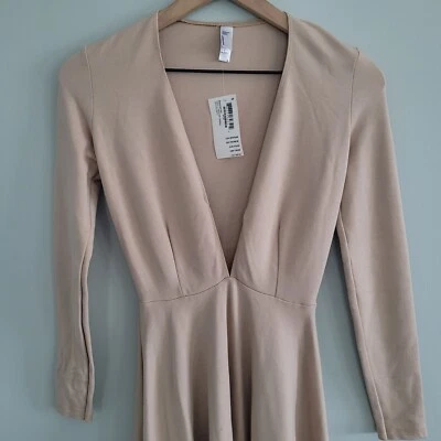 Vestido patinador American Apparel Deep V para mujer pequeño beige manga larga elástico Foto 1 de 4