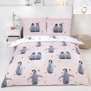 Estrellado Pingüinos Set Funda Edredón Matrimonio Reversible Niños - Rosa - Imagen 1 de 3