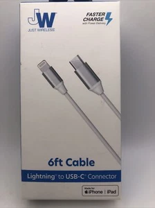 Just Wireless Faster Charge 6ft Cable fits iPhone to USB-C Connector, Silver/Wht - Picture 1 of 2