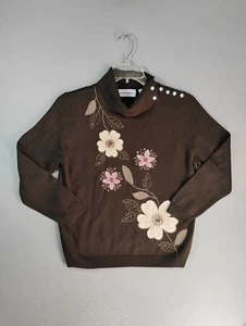 Alfred Dunner Womens Sweater Small Brown Wool Blend Floral Embroidered Pullover - Picture 1 of 8