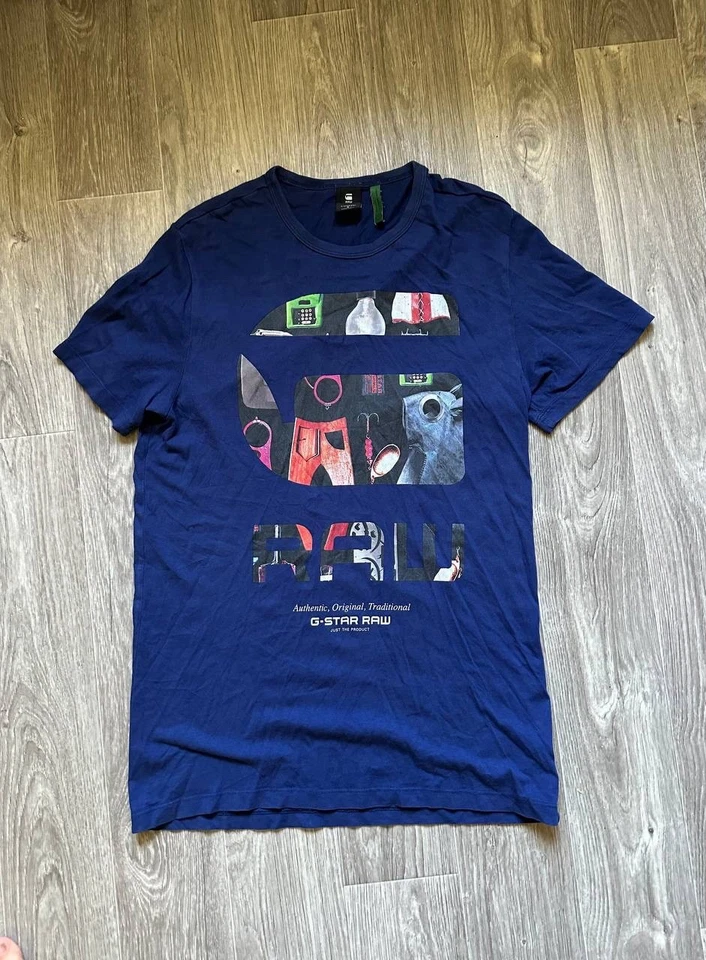 Camiseta informal rara G-Star RAW grande con estampado de logotipo R azul marino 100 % algodón orgánico Foto 1 de 4