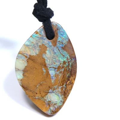 Genuine Australian Natural Boulder Opal Pendant Necklace on Black Suede Cord - Image 1 of 4
