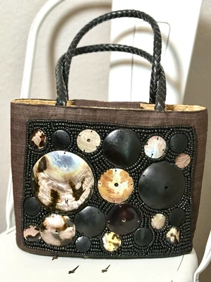 Woven Abalone Shell & Wooden Beaded Choclate Brown Handbag Stamped Italy - Image 1 of 4