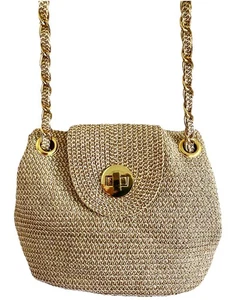 Mittelgroße goldene Korbgeflecht Umhängetasche Handtasche mit goldenem Kettenriemen - Bild 1 von 7
