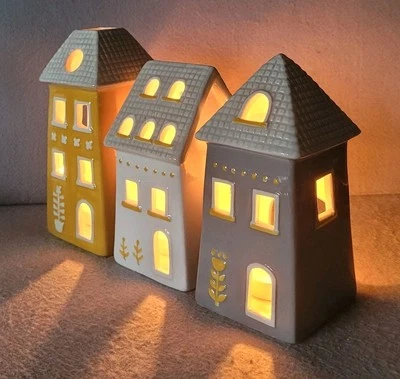 Tea Light Holder Ceramic House Set Of 3 Home Decor - Image 1 of 4
