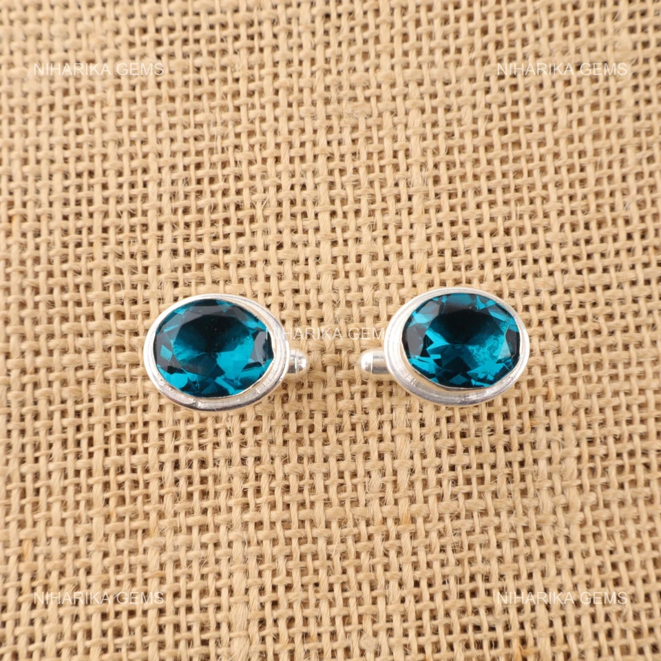 Gemelos artesanales de plata de ley 925 con piedras preciosas de apatita azul 0,59" Foto 1 de 4