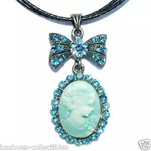 ~Blue CAMEO made with Swarovski Crystal Princess Queen bow Bridal Charm Necklace - Picture 1 of 1