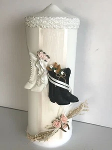 Western Wedding Pillar White Candle, White Victorian Boots and Black Cowboy Boot - Picture 1 of 10