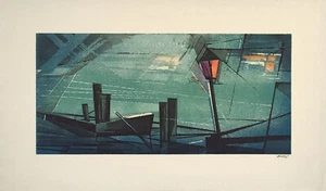 FRITZ NEUMANN (AKA RIC) FIRMADO De Colección Años 60 Raro Grabado BARCO ATRACADO Y LÁMPARA BRILLANTE - Imagen 1 de 8