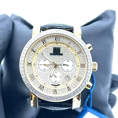Reloj Joshua & Sons Cronógrafo Oro 47mm Bisel Diamante Genuino Cuero Negro Foto 1 de 4