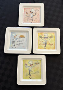 BRUNELLI “La Femme Chef” 4 Salad Appetizer Plates 7.75” Square Made in Italy