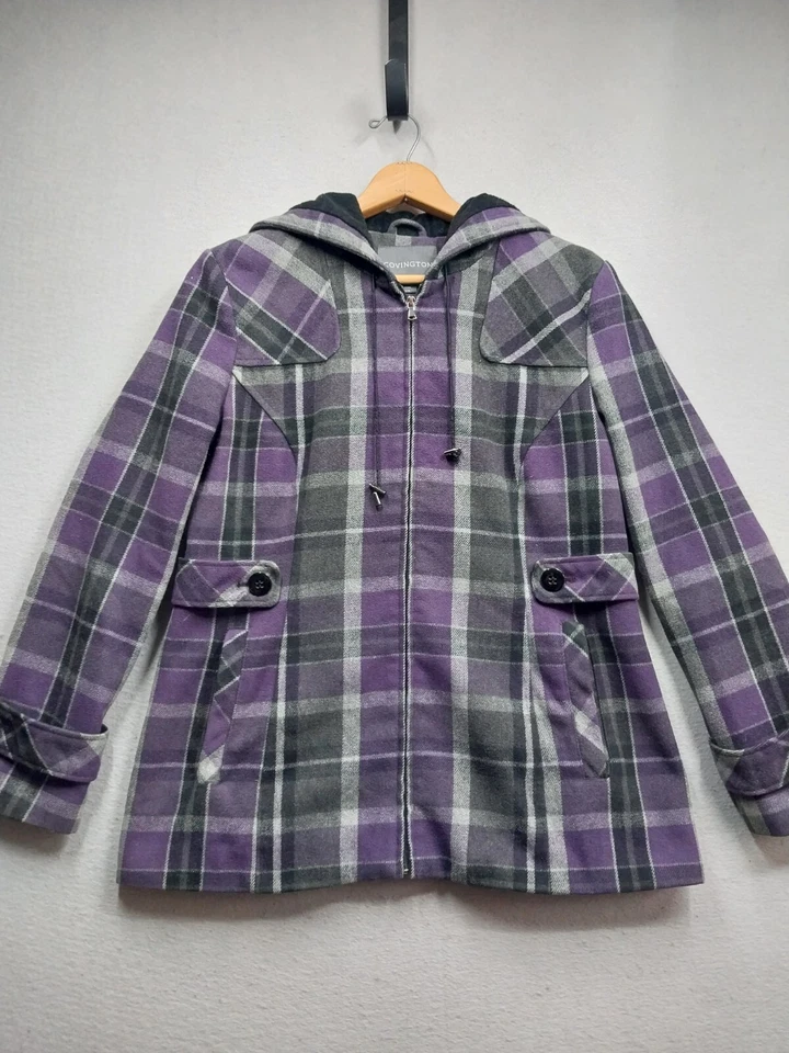 Chaqueta Covington de mezcla de lana a cuadros con capucha y cremallera para mujer grande abrigo negro púrpura Foto 1 de 4