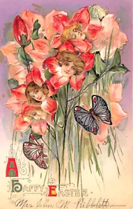 c.1910 unsgd. ¿Joyería? Tarjeta postal de feliz Pascua de flores y mariposas con cabeza de dama - Imagen 1 de 2