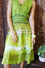 Boho Gypsy Hippy Green Cotton Dress Loose Flare Swing Sleeveless Printed DressSM