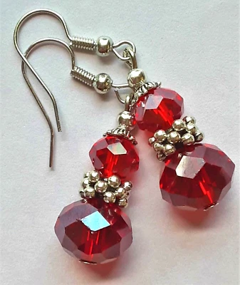 Pendiente doble ROJO CRISTAL FACETADO SP ANZUELO hecho a mano WPCF16 Foto 1 de 4