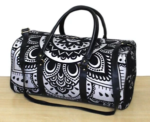 Borsone nero argento - perfetto cotone viaggio, stampa mandala borsa weekend - Foto 1 di 7
