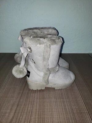  Bebe девочек черный серый ботинки с искусственным мехом завязанный с Pom Pom акцент размер 7 EUC - Изображение 1 из 4