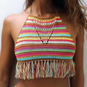Handmade Crochet Colours Stripes Top Sexy Bikini vest Beach Women Neon Tassel - Bild 1 von 5