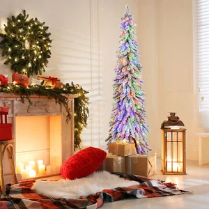 6 FT Pre-Lit Artificial Christmas Tree Snow-Flocked Slim Pencil Christmas Tree - Picture 1 of 10